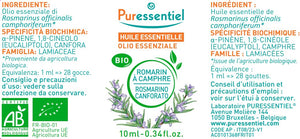Puressentiel, Olio Essenziale di Rosmarino Canforato, 100% Puro e Naturale, OEBBD (Olio Essenziale Botanicamente e Biochimicamente Definito), Agricoltura Biologica, Vegan e Cruelty Free, 10 ml